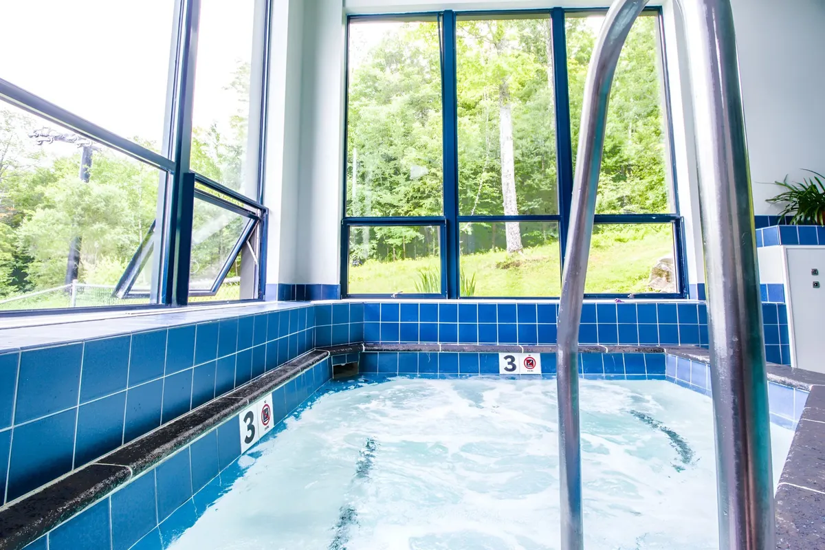 An indoor whirlpool spa with expansive windows that let in natural light and offer views of greenery. The spa looks ideal for relaxation and soaking after a day of alpine adventures.
