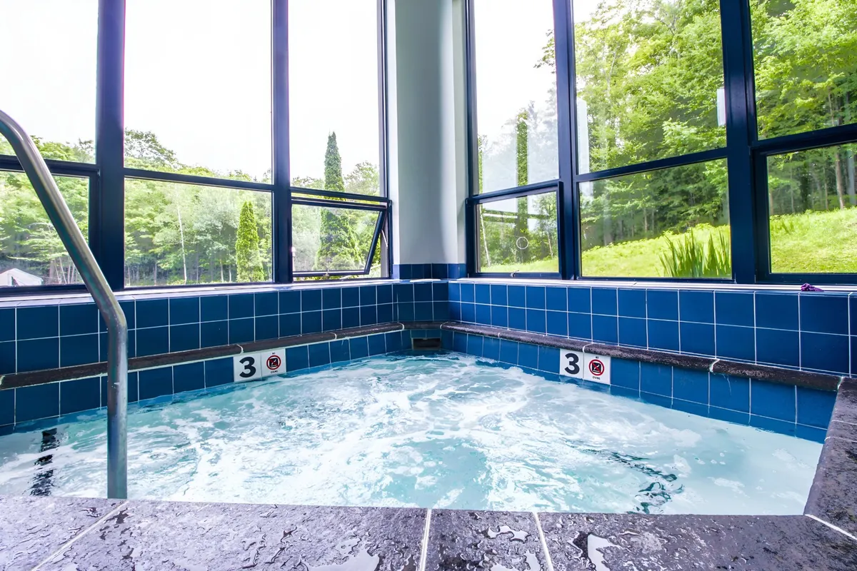 An interior space showcasing a hot tub set beside large windows that overlook vibrant greenery. The natural light streaming in and the soothing atmosphere invite guests to relax while staying connected to the outdoor scenery.