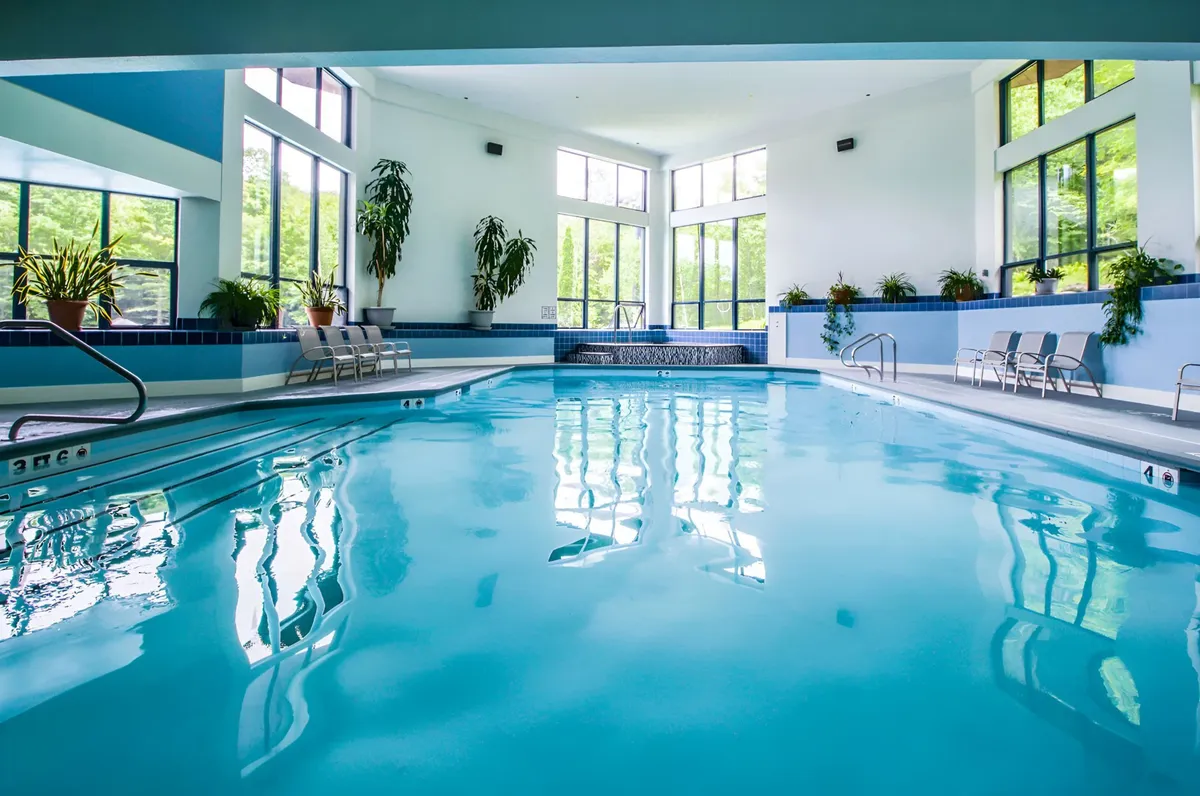 A serene indoor space with a swimming pool bordered by large windows and indoor plants. The natural light streaming in and the calm water set a tranquil mood for relaxation or socializing.